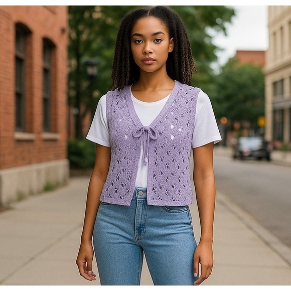 Cotton Emporium Jackets & Blazers - Cotton Emporium Lavender Knit Vest XS Nordstrom Rack Tie Front Cottagecore‎
